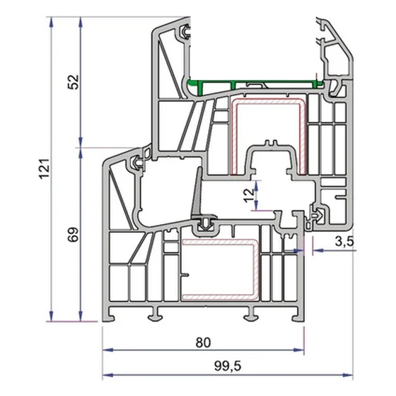 Nodo del sistema da 80 mm: telaio e anta con le tre guarnizioni